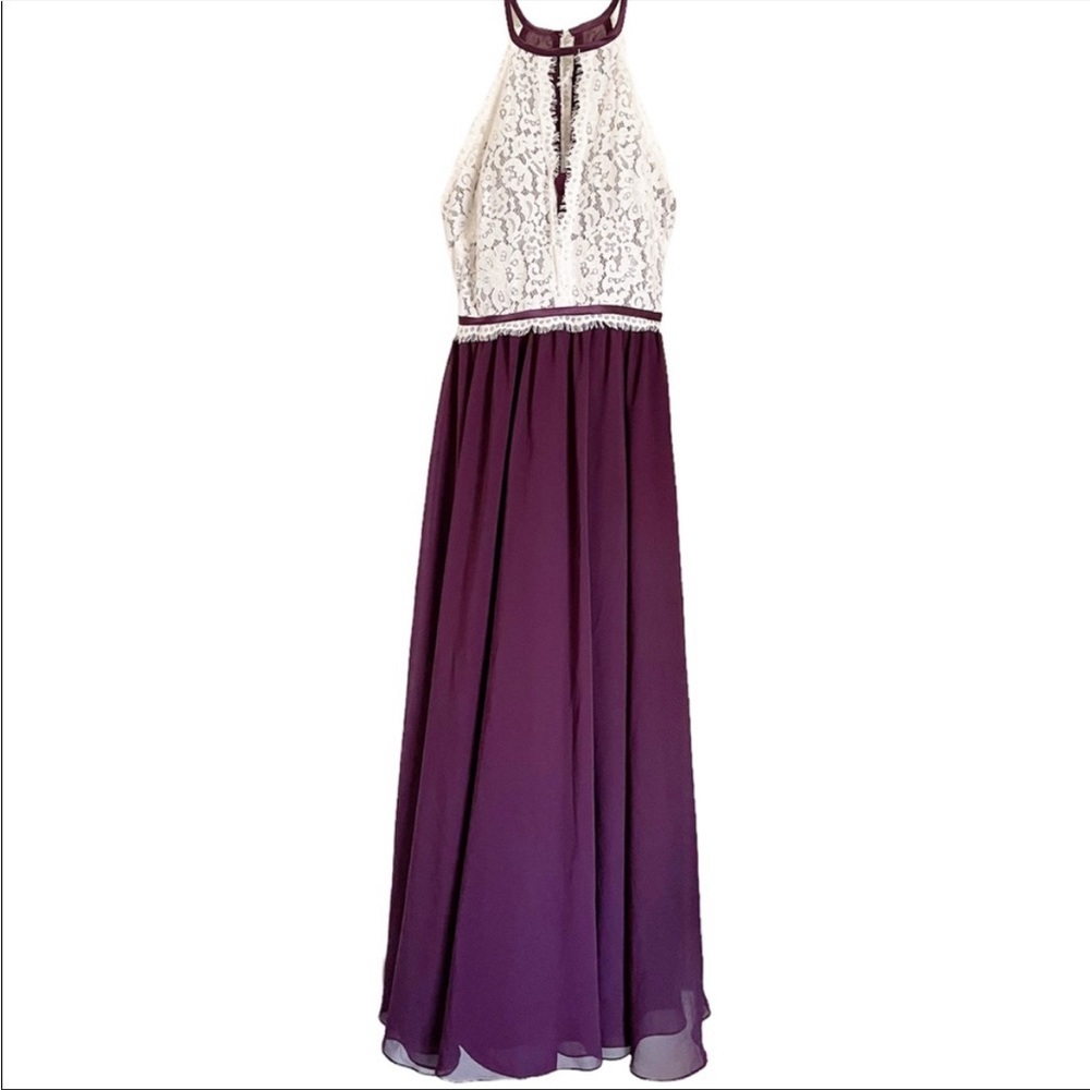 Christina Wu Ivory Lace Aubergine Halter Cut-out Back Prom Formal Dress size 8